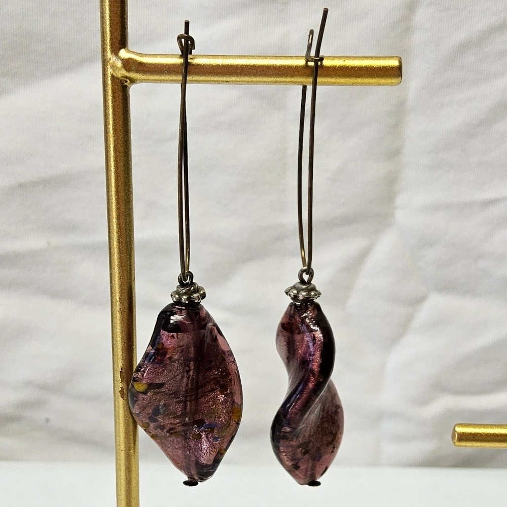 Art Glass Earrings Women Purple Gold Foil Twisted Drop Dangle